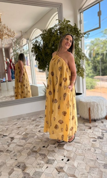 Vestido Longo Concha Pintada Amarelo Farm Ref 15146