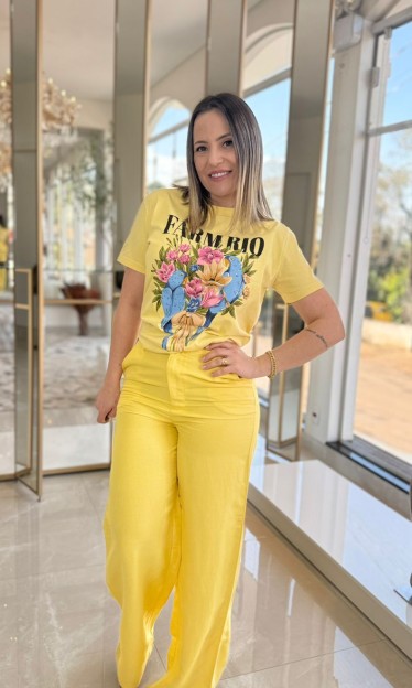 Calça Reta Linho Amarelo Sommer