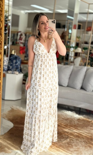 Vestido Solto Longo Branco Flor de Lis Ref 16404