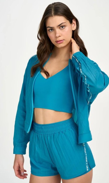 Jaqueta Cropped Alto Giro com Fita Personalizada Azul Ref:13895