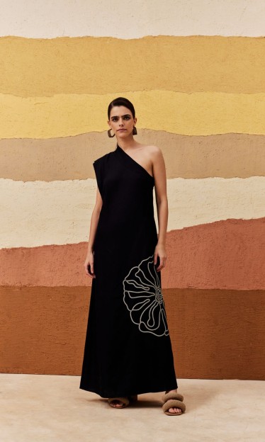 Vestido um Ombro so Bordado Folha Frente Cacay  ref 13627