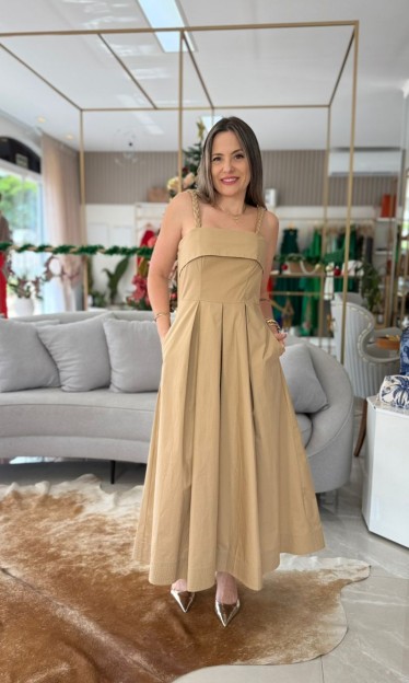 Vestido Tricoline Alça Trançada Marrom Carlota Costa Ref 15902