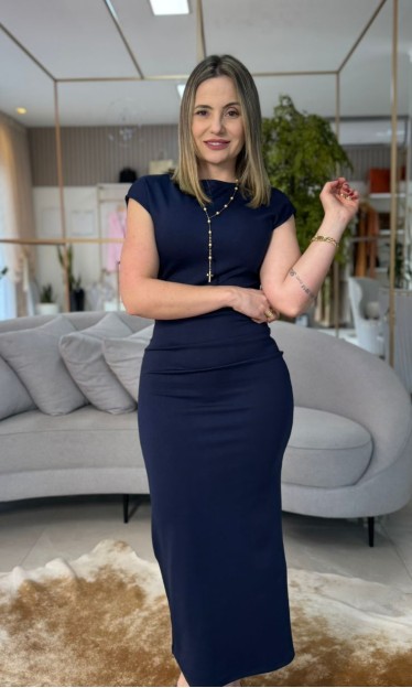 Vestido De Malha Azul Escuro Carlota Costa Ref 16018