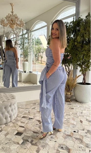 Coordenado Top e Calça Carlota Costa Listrado Azul Ref 16354