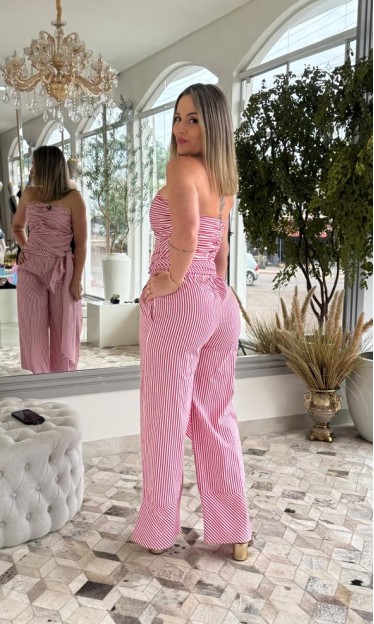 Coordenado Top e Calça Carlota Costa Listrado Vermelho Ref 16359
