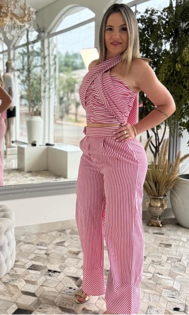 Coordenado Top e Calça Carlota Costa Listrado Vermelho Ref 16359