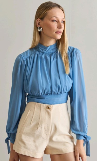 Blusa com Franzidos Azul Carlota Costa Ref 13750