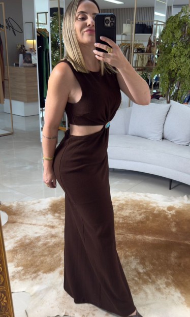 Vestido Super Midi Sem Manga Marrom Lança Perfume Ref 14983