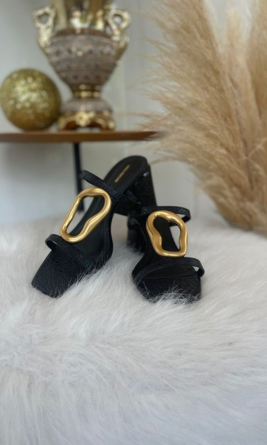 Sandália Com Metal Orgânico Preta Lança Perfume Ref 15040  