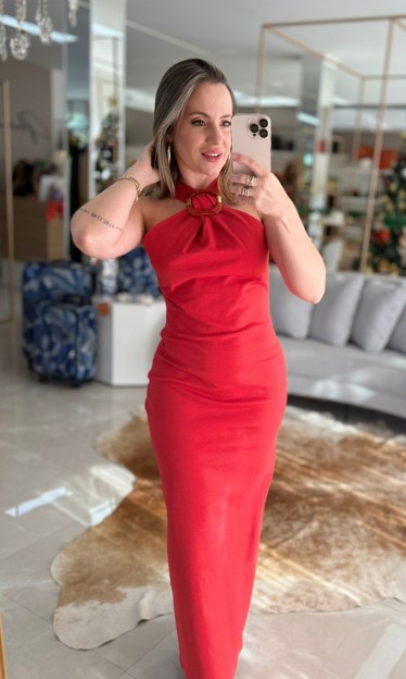 Vestido Super Midi Sem Manga Vermelho Com Fenda Lança Perfume Ref 14983