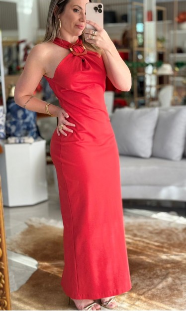 Vestido Super Midi Sem Manga Vermelho Com Fenda Lança Perfume Ref 14983