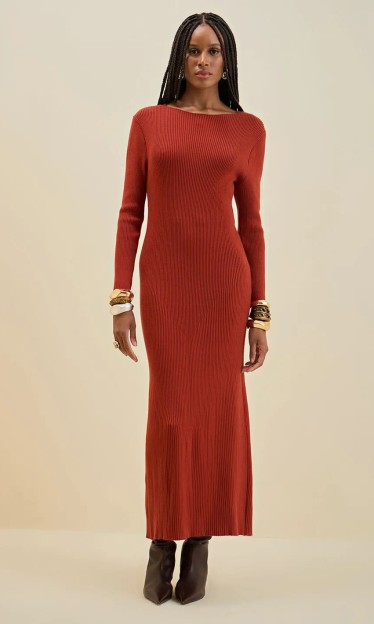 Vestido Ajustado Decote Costas Manga Longa Morena Rosa Ref. 13728