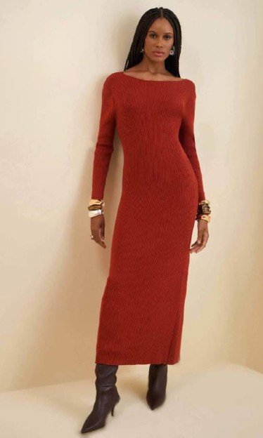 Vestido Ajustado Decote Costas Manga Longa Morena Rosa Ref. 13728