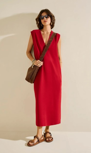 Vestido Morena Rosa Ajustado Decote V Sem Manga Midi Vermelho Ref 15006