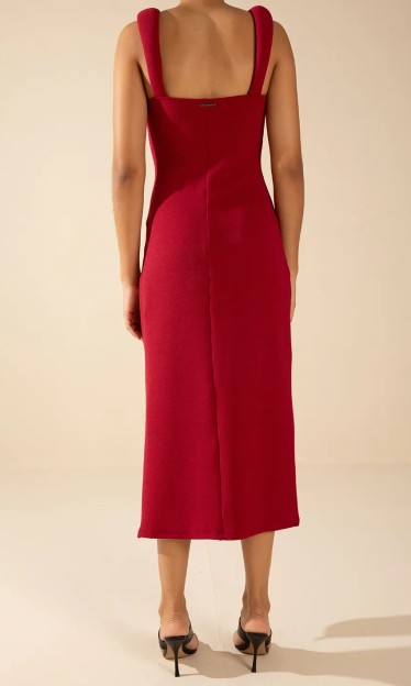 Vestido Morena Rosa Ajustado Decote Reto Com Alça Midi Vermelho Ref 14998