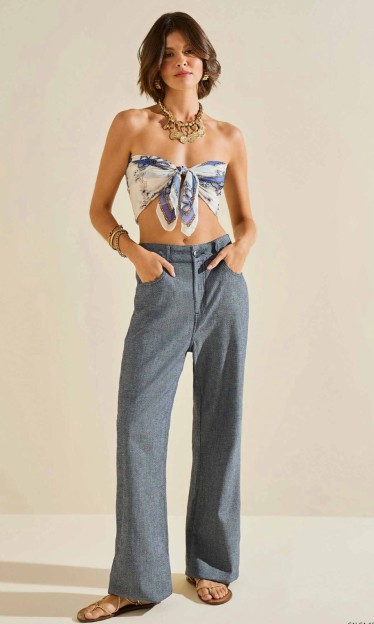 Calça Flare Alta Azul Com Lenço Morena Rosa Ref 15069
