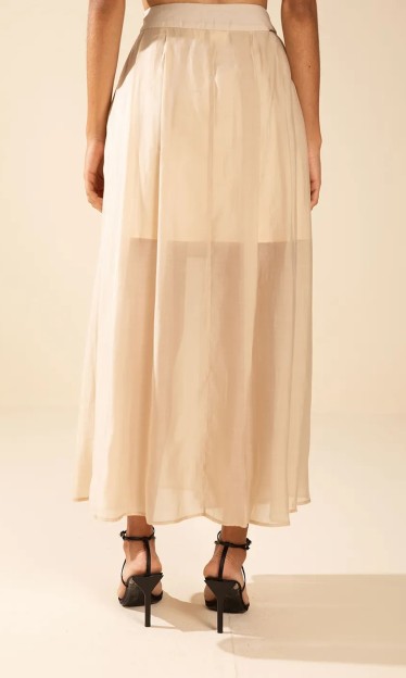 Saia Evase Alta Midi Bege Morena Rosa Ref 15521