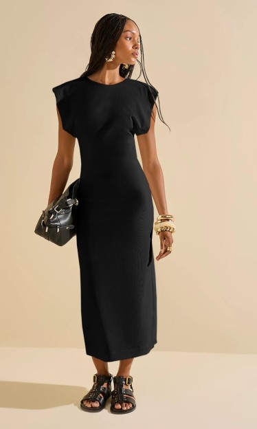 Vestido Morena Rosa Ajustado Decote Careca Manga Curta Midi Preto Ref 15517