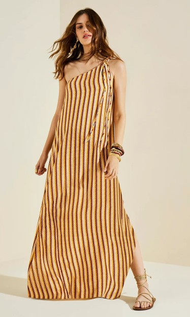 Vestido Solto Um Ombro Só Sem Manga Midi Morena Rosa Ref 15735