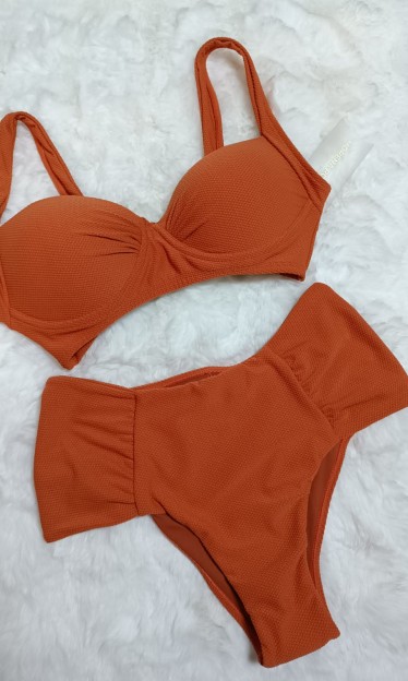 Biquini Meia Taça Com Drapeado Laranja Morena Rosa Ref 10490