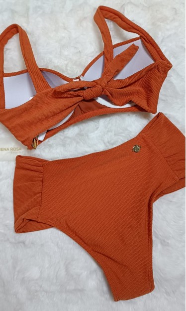 Biquini Meia Taça Com Drapeado Laranja Morena Rosa Ref 10490