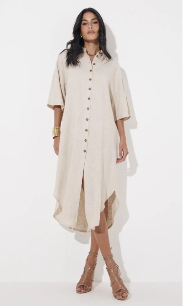 Vestido Linho Bege Greige Sommer Ref 12145