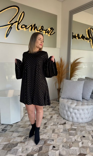 Vestido Evase Manga Longa Sommer Preto/Dourado Ref 14549