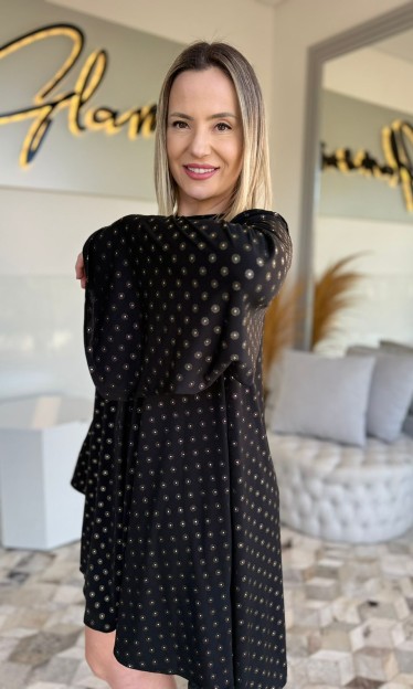 Vestido Evase Manga Longa Sommer Preto/Dourado Ref 14549