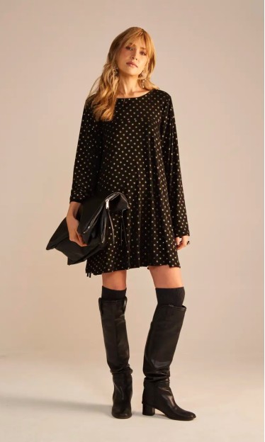 Vestido Evase Manga Longa Sommer Preto/Dourado Ref 14549