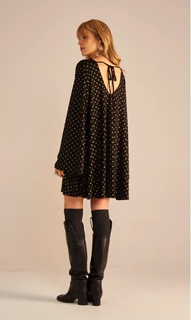 Vestido Evase Manga Longa Sommer Preto/Dourado Ref 14549