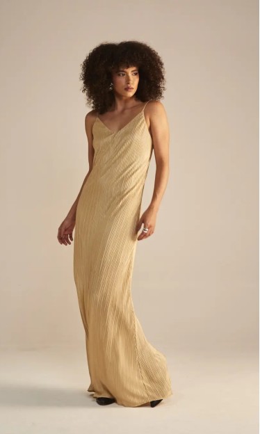 Vestido Longo Plissado Bege Sommer Ref 14335