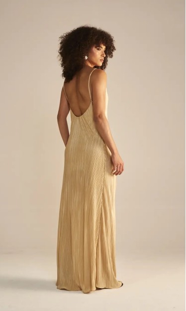 Vestido Longo Plissado Bege Sommer Ref 14335